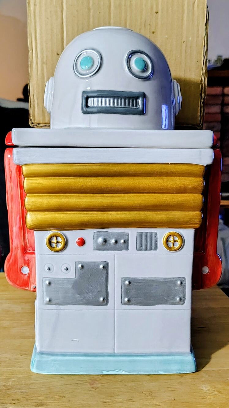 Vintage 1998 Clay Art Retro Robot Collectible Cookie Jar 2901 Hand Painted Boxed